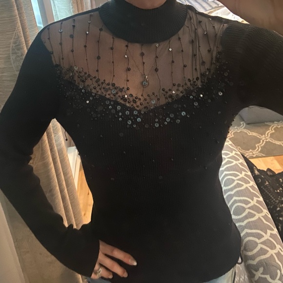 Black sparkly mock neck sweater with sheer beaded panel - Picture 1 of 9